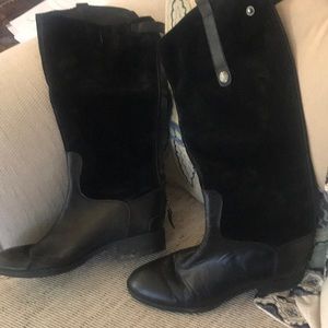 Black two toned leather and suede knees boots